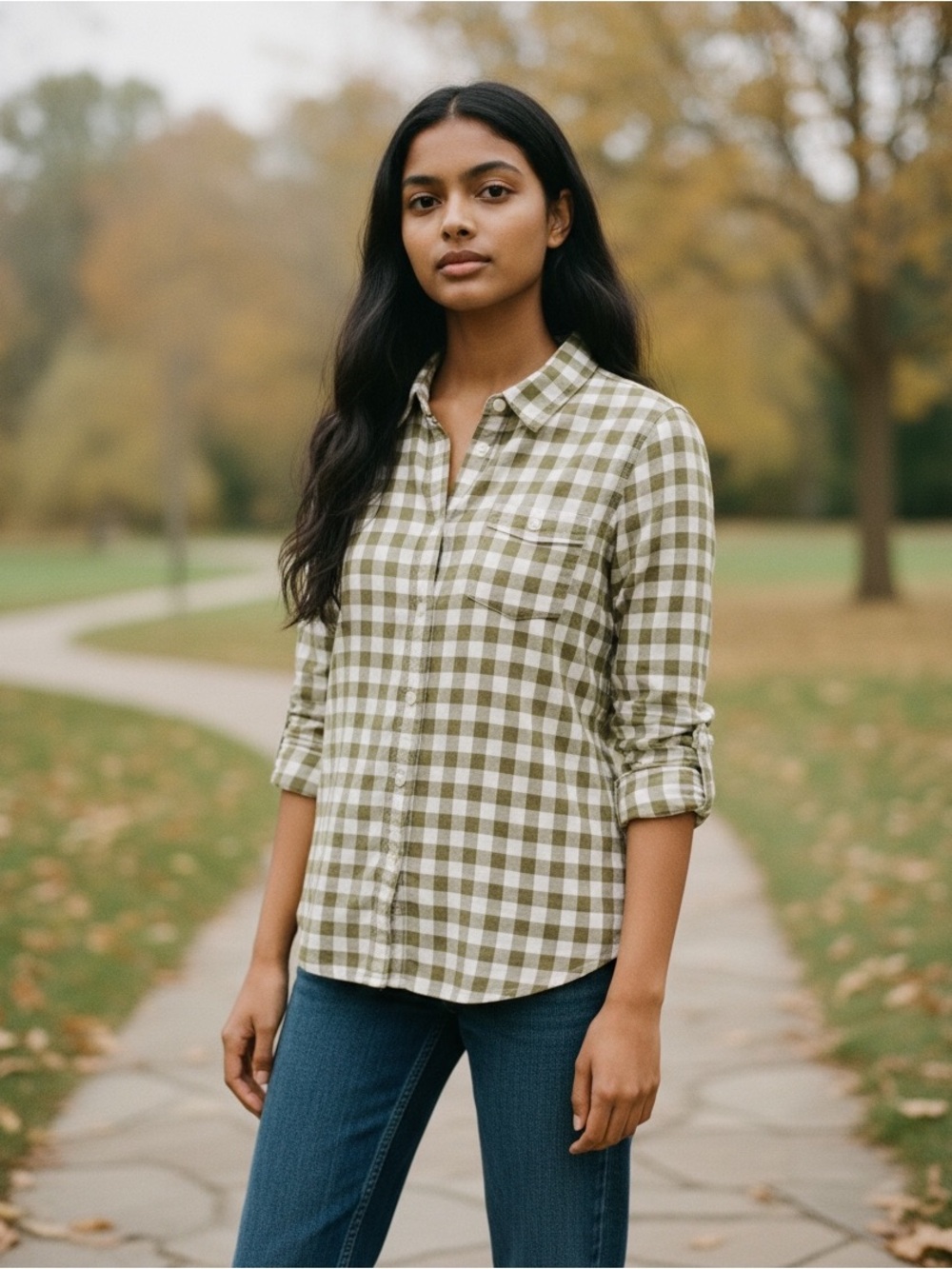 J. Crew Olive and White Gingham Button-Down Shirt